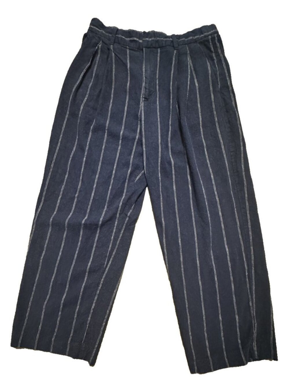 Gap Women 365 High Rise Linen Blend Trouser Navy 6 PETITE Stripe Pleated Pockets